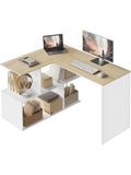 Mesa Esquinera de Ordenador en L con Estantes Laterales Abiertos para Trabajo Estudio y Gaming Roble Claro Blanco