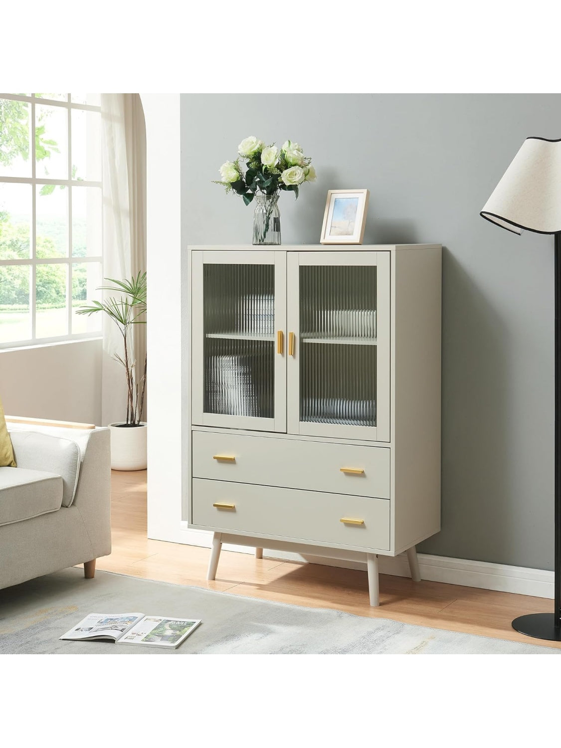 Aparador Vitrina para Salon con 2 Puertas de Cristal, 2 Cajones y Estante Interior Beige cs2048323