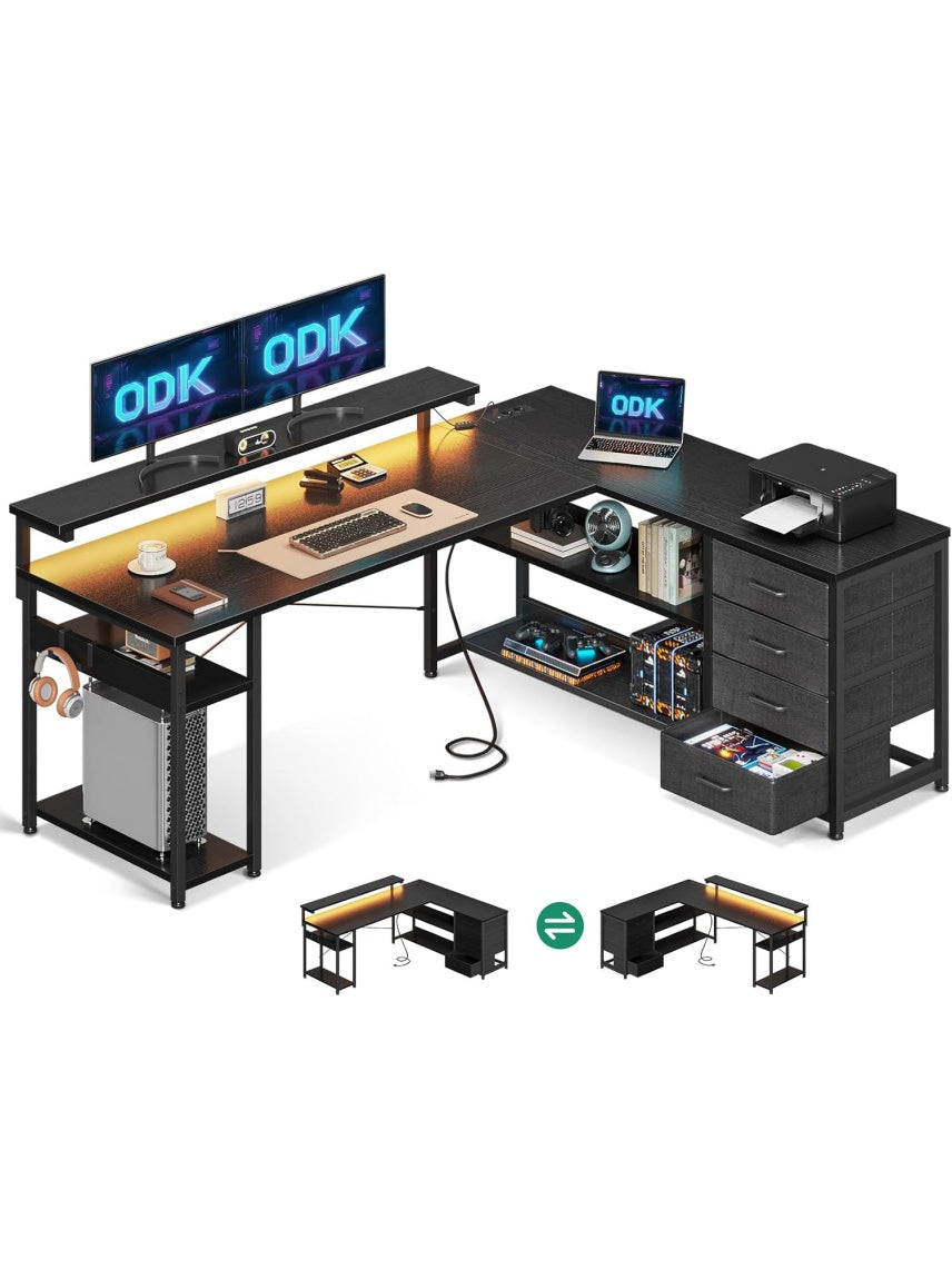 Estacion Gaming en Forma de L con Iluminacion LED Cajones Integrados Tomas de Corriente y USB Negro