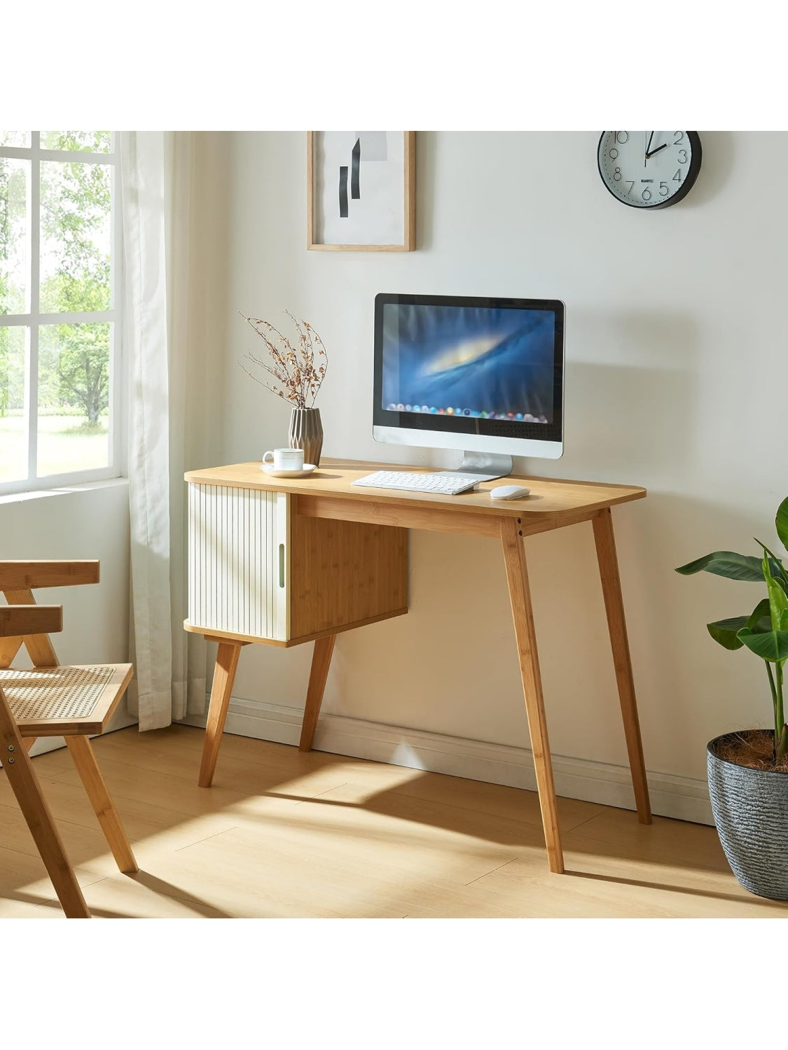 Mesa Compacta de Oficina con Puerta Corredera y Compartimento Interior Diseno Minimalista Natural y Blanco