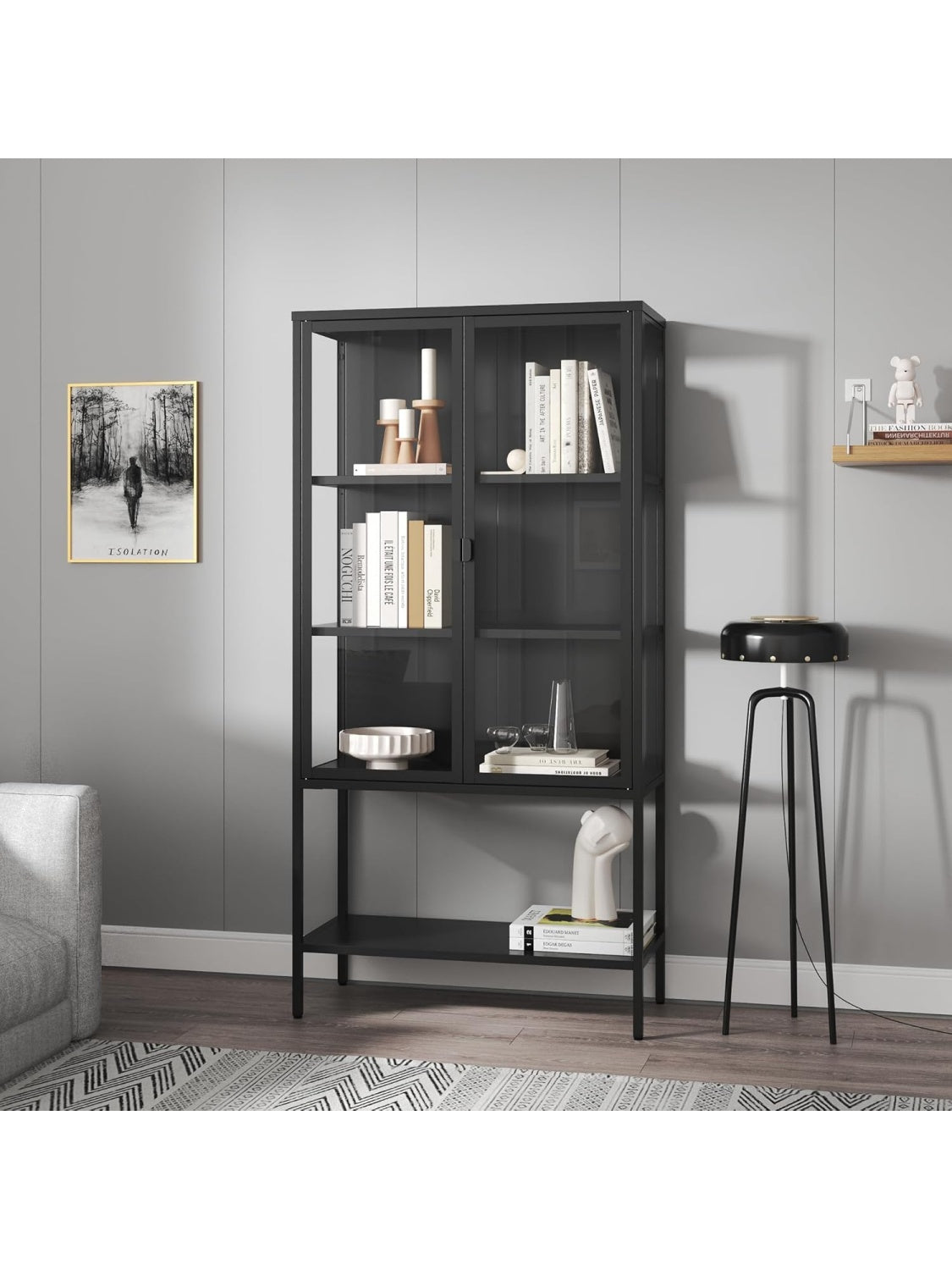 Vitrina Alta con 2 Puertas de Cristal y Compartimentos Cerrados para Almacenamiento Interior