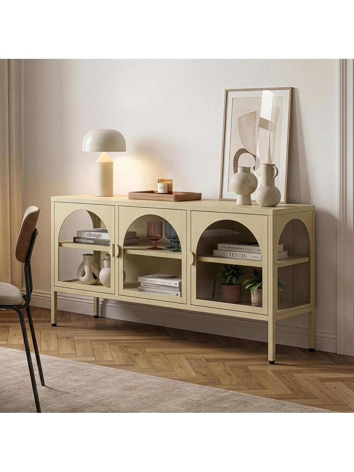 Vitrina Auxiliar con 3 Puertas de Cristal Transparente y Espacios de Almacenaje para Cocina o Comedor